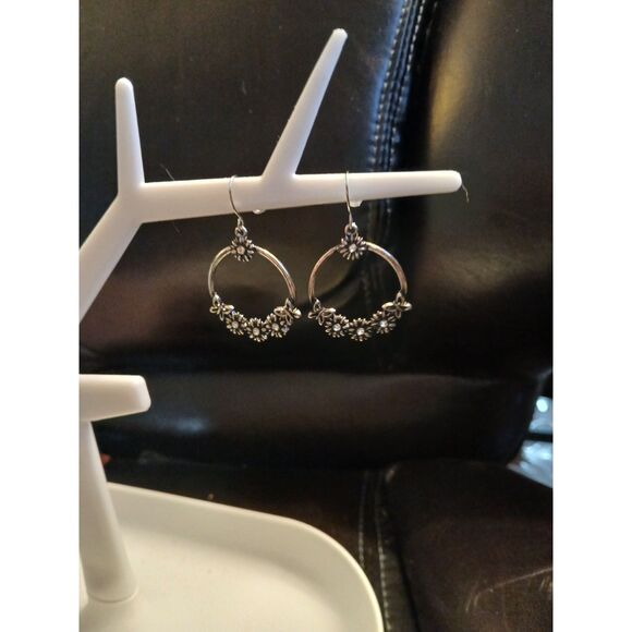 Silver Flower Hoop Earrings Floral Dangle - Picture 9 of 9